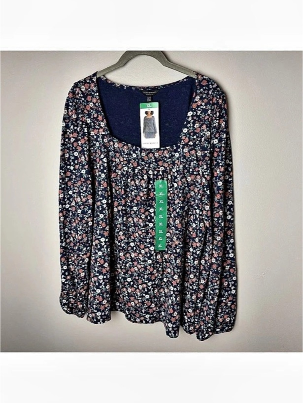 NWT Lucky Brand Top Size XL Floral Navy Cotton Modal Square Neck Long Sleeves